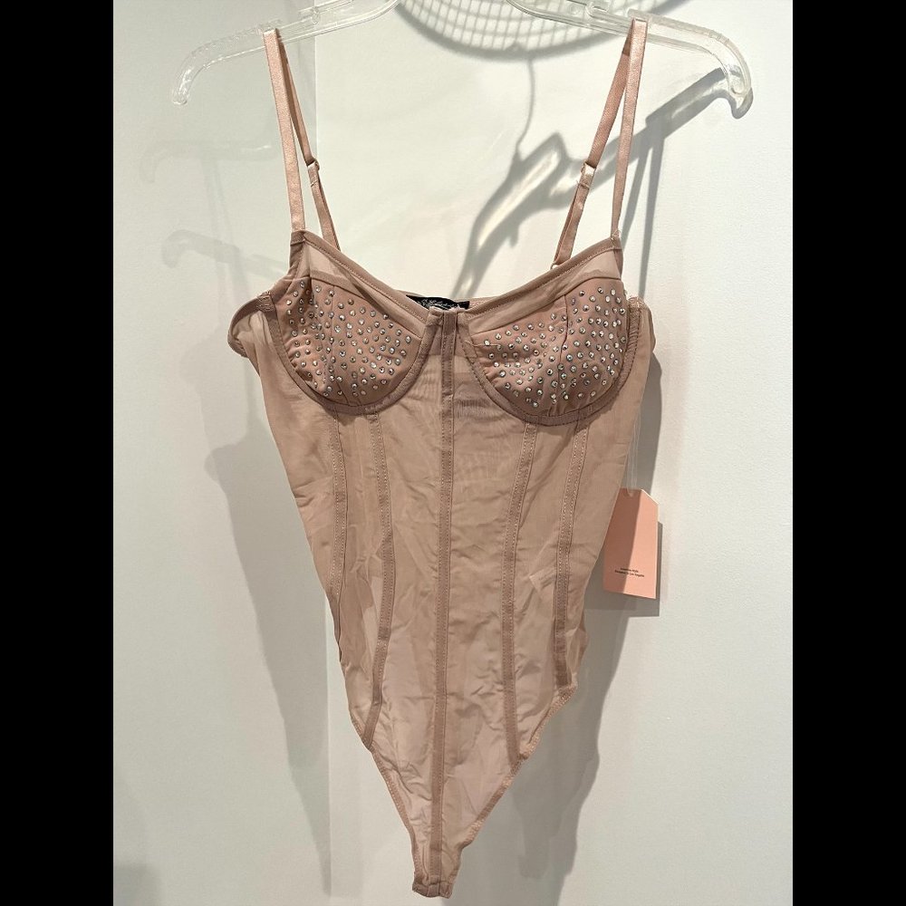 Nude Mesh Bedazzled Body Suit, Size L